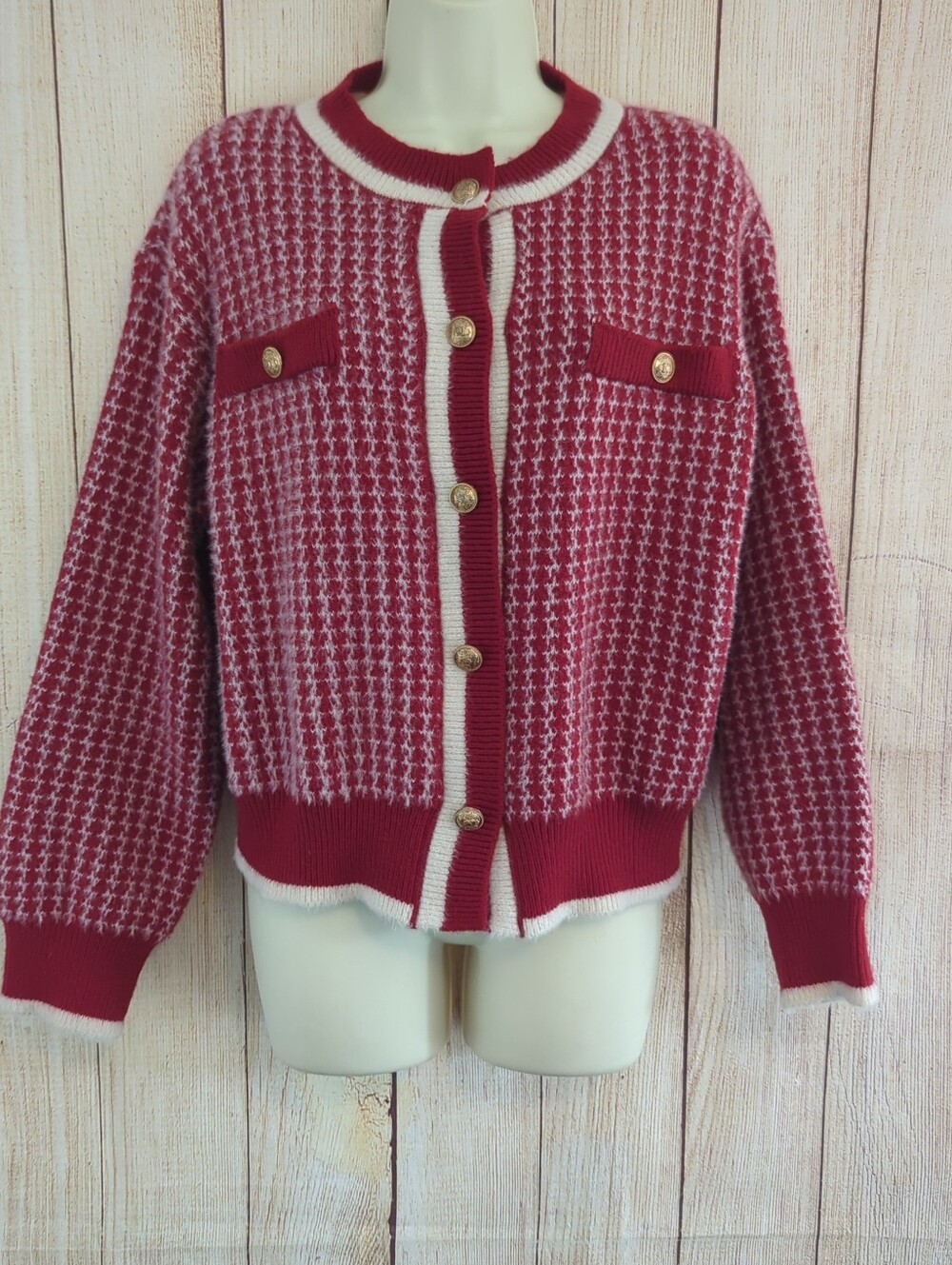 Red & White Houndstooth Button Down Coco Style Cardigan